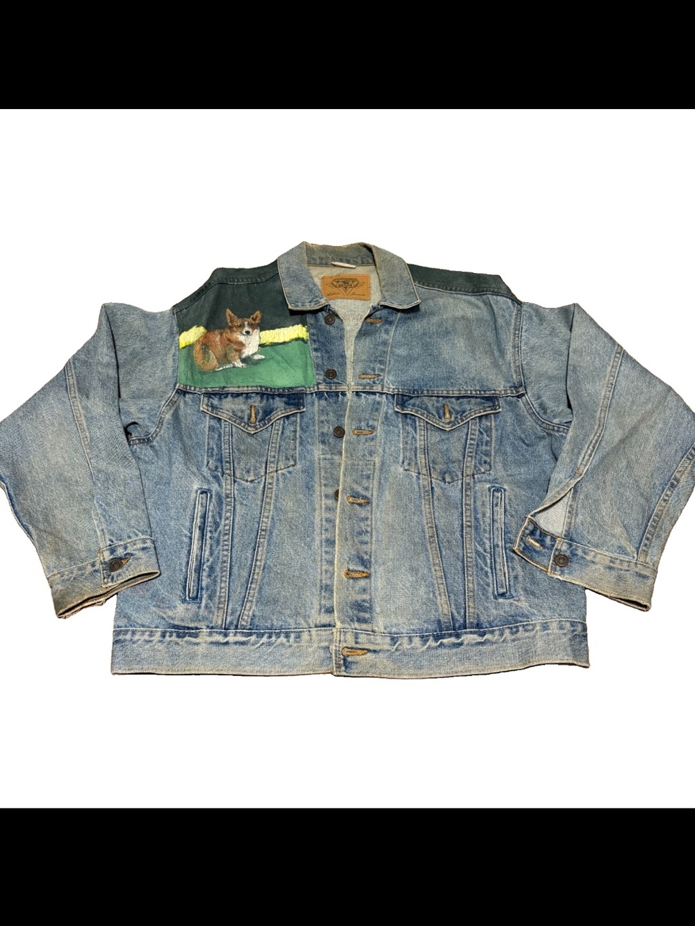 Vintage 80s Hand Painted Corgi Dog Blue Denim Biker Grungy Oversized Jacket